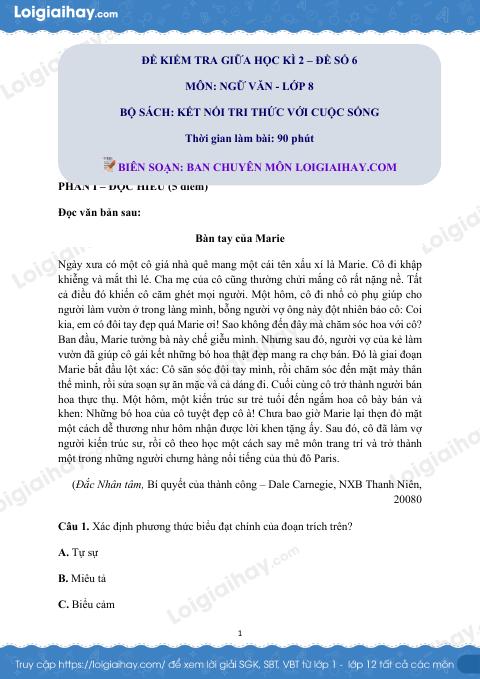 Đề thi giữa kì 2 Văn 8 Kết nối tri thức - Đề số 6